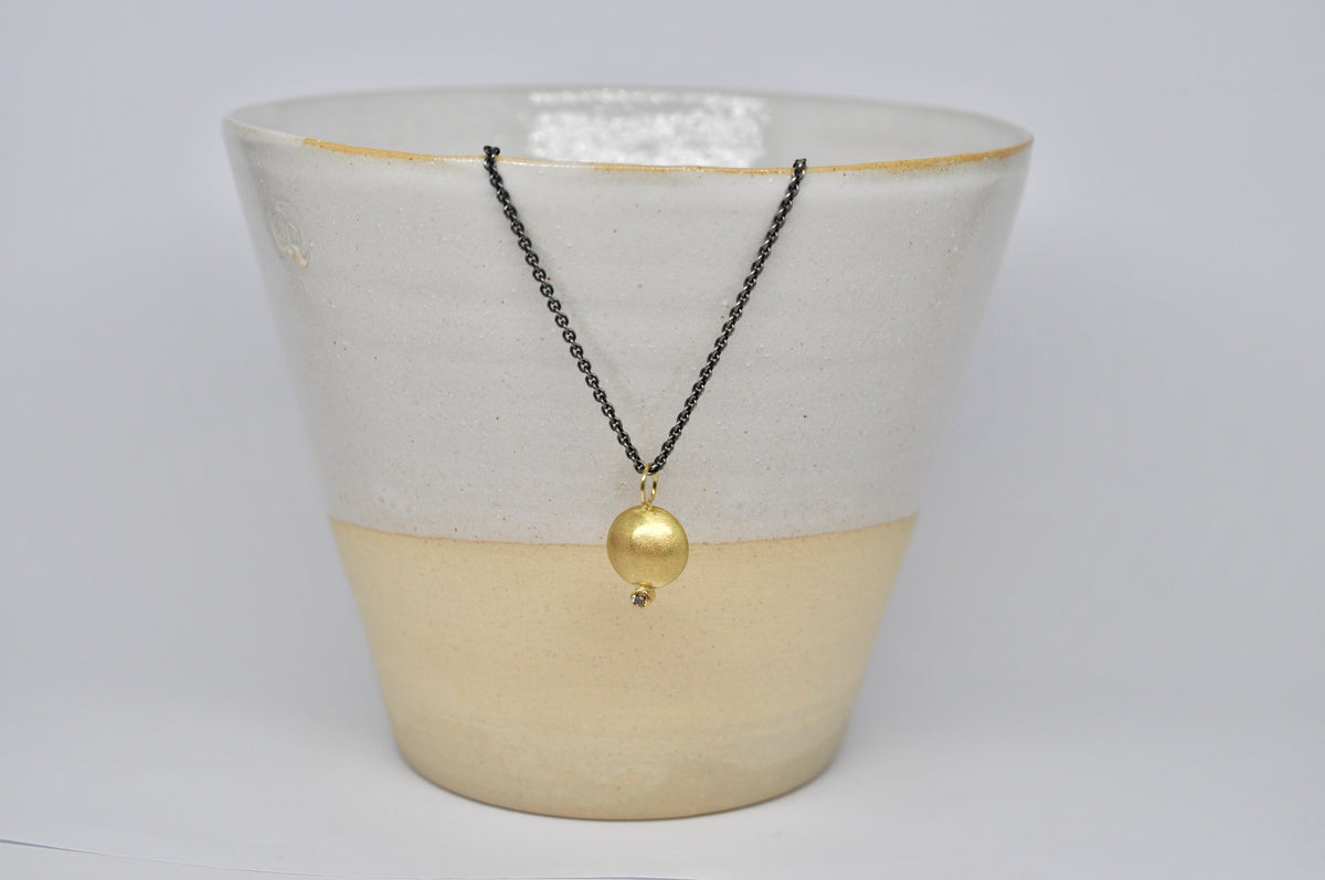 18K Gold Sphere Pendant with Brown Diamond on Oxidized Silver Chain