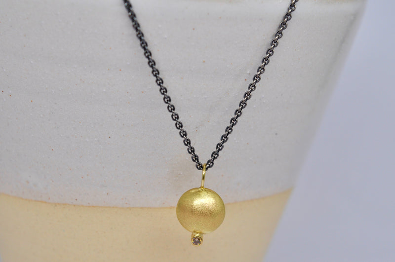 18K Gold Sphere Pendant with Brown Diamond on Oxidized Silver Chain
