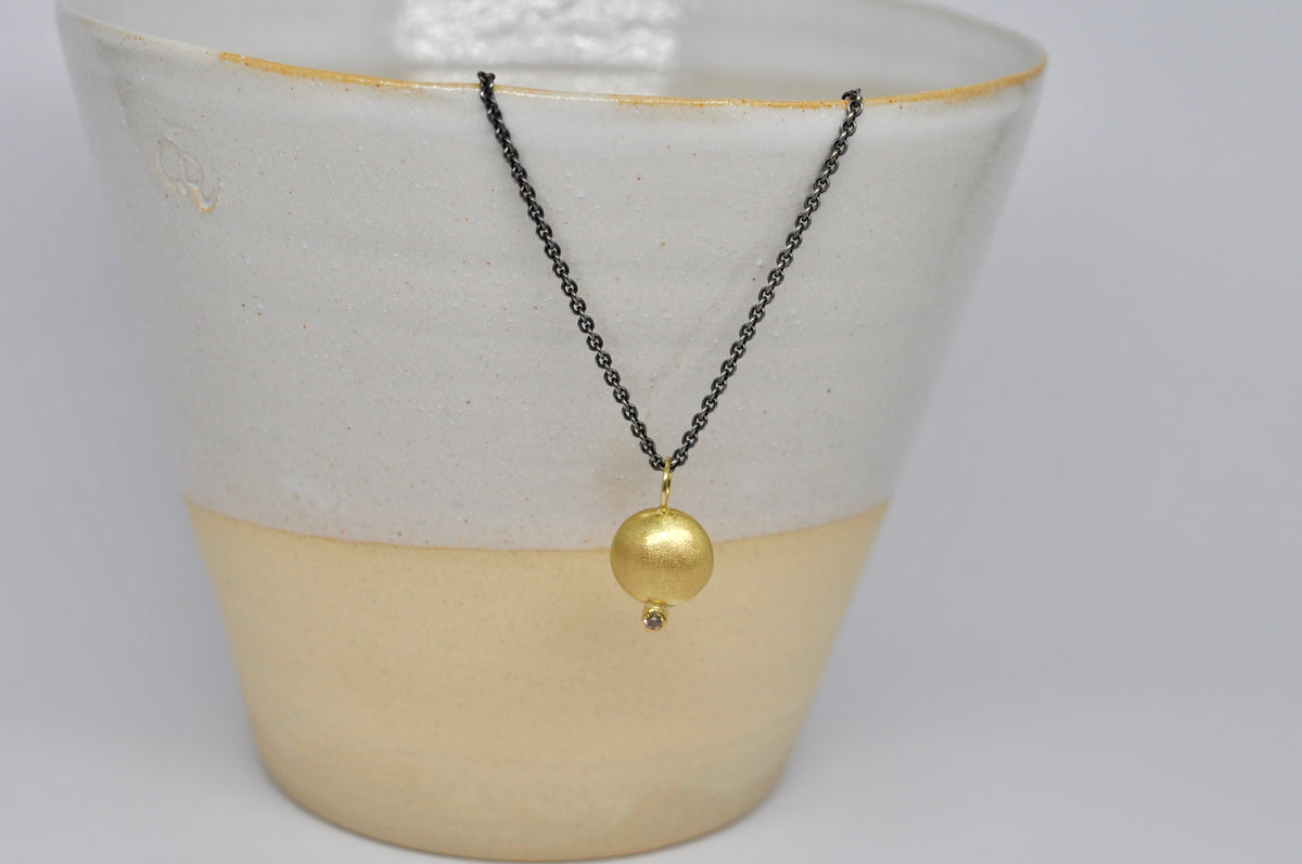 18K Gold Sphere Pendant with Brown Diamond on Oxidized Silver Chain