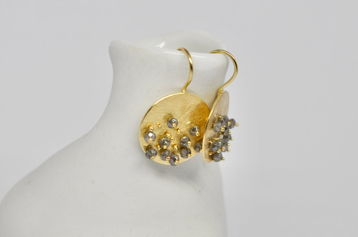 Gold Disc Earrings with Salt & Pepper Diamond Clusters