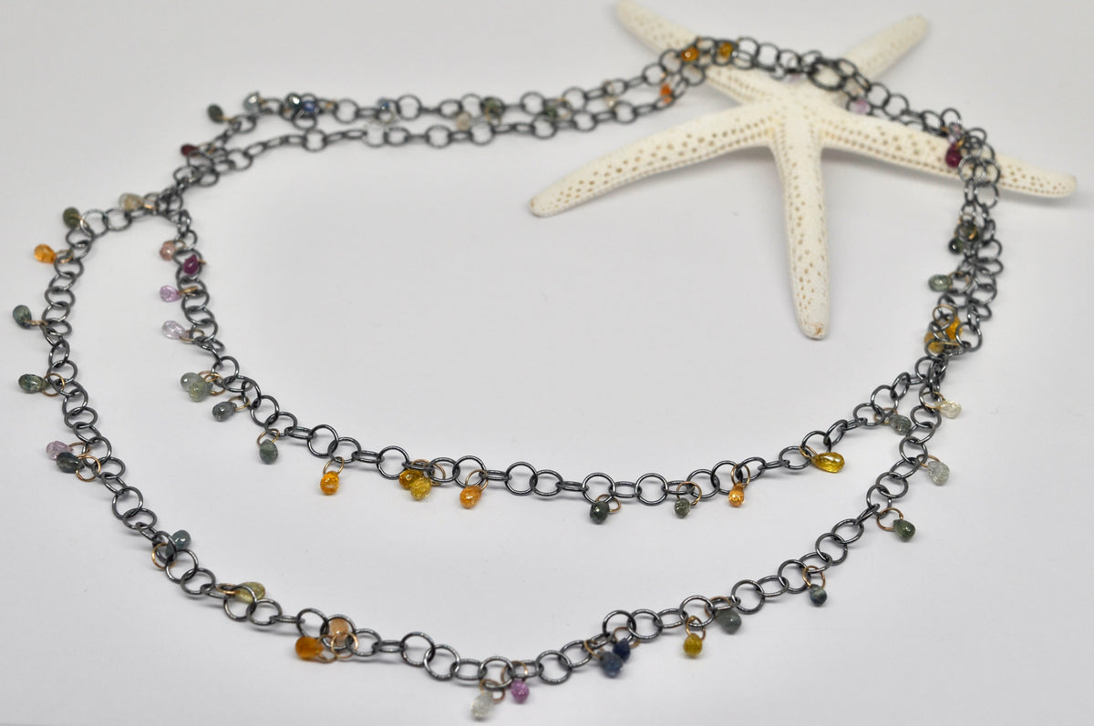 Long Oxidized Silver Chain Necklace with Multicolor Sapphire Drops