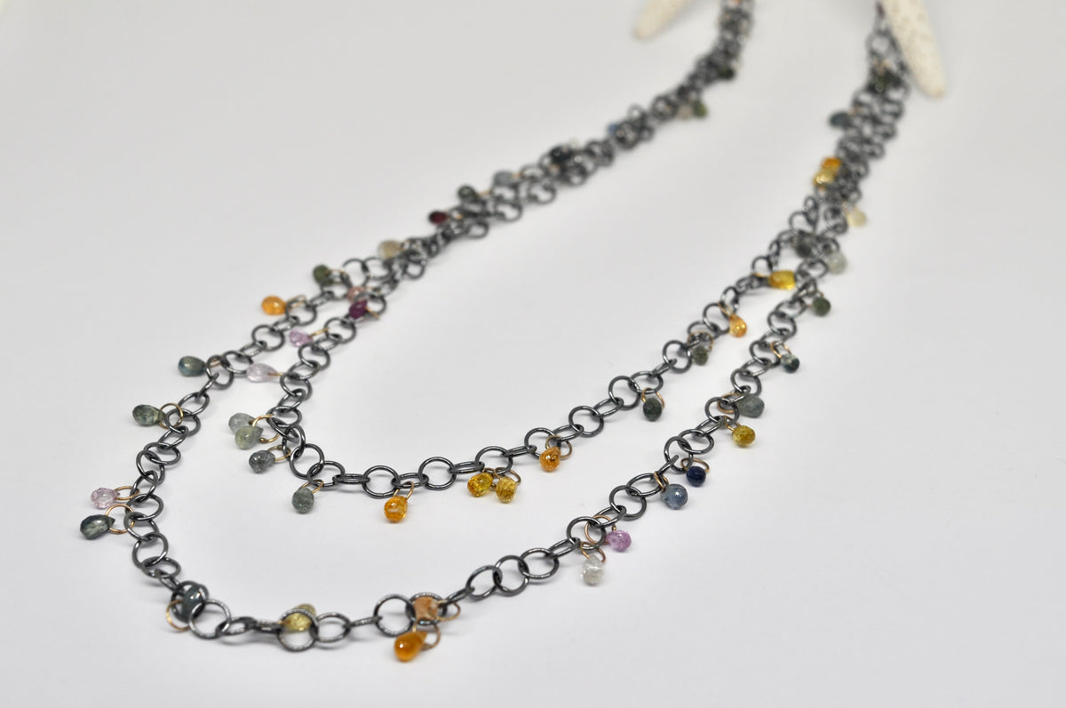 Long Oxidized Silver Chain Necklace with Multicolor Sapphire Drops