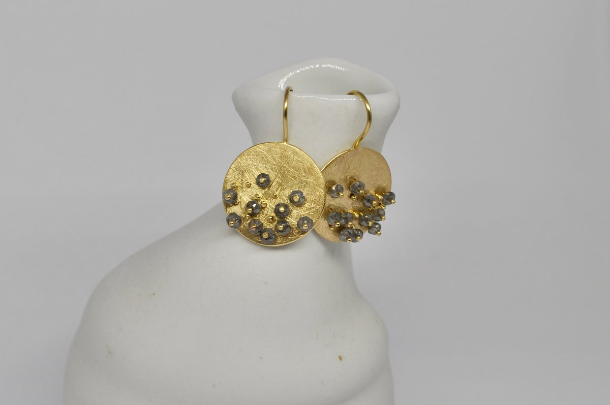 Gold Disc Earrings with Salt & Pepper Diamond Clusters