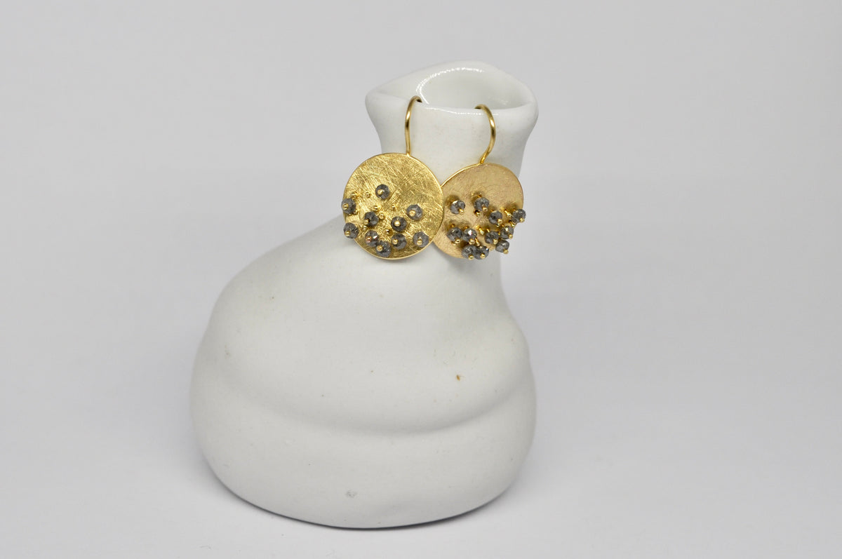 Gold Disc Earrings with Salt & Pepper Diamond Clusters