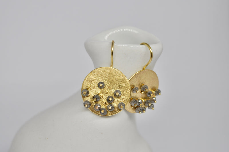 Gold Disc Earrings with Salt & Pepper Diamond Clusters