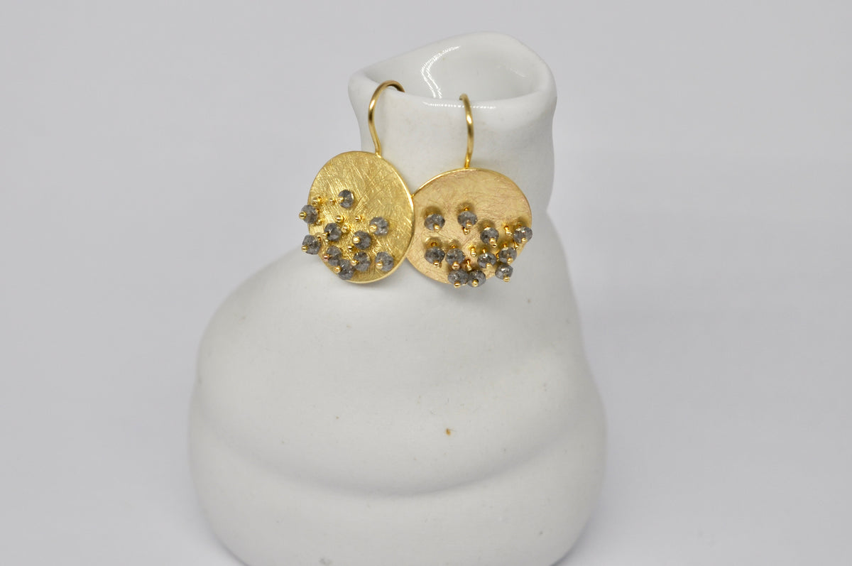 Gold Disc Earrings with Salt & Pepper Diamond Clusters