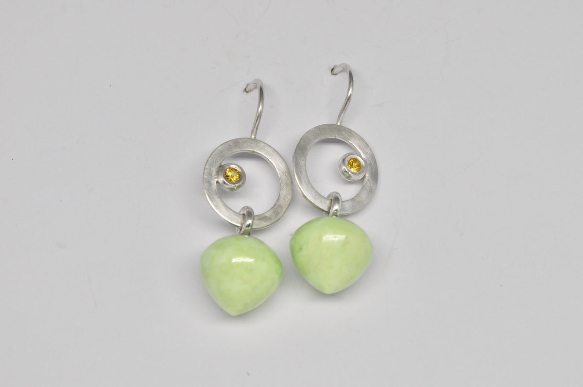 Lemon Green Chrysoprase & Yellow Sapphire Silver Circle Earrings
