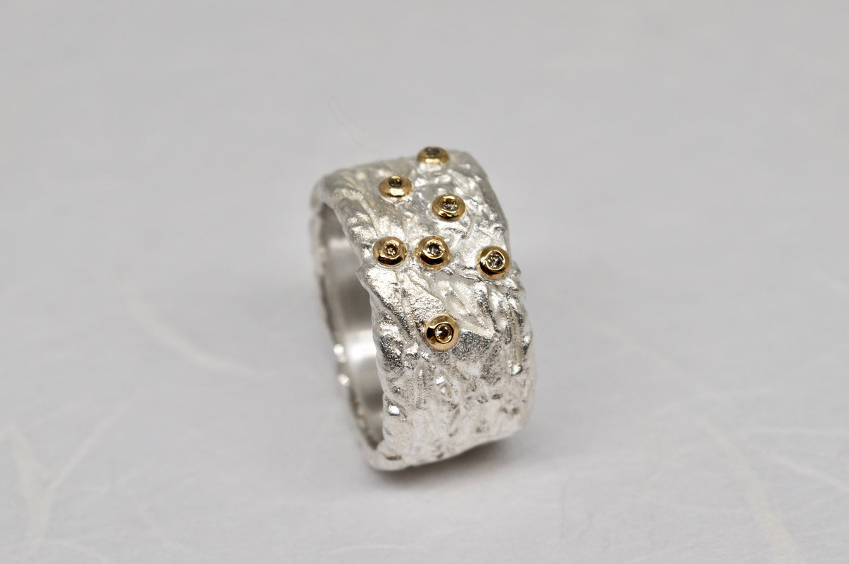 Textured Wide Band Ring, Sterling Silver & 18k Gold, Brown Diamonds