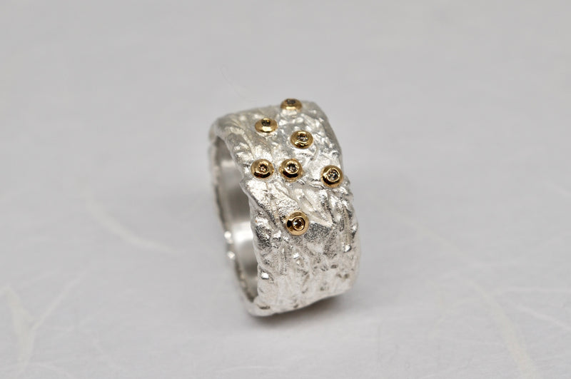 Textured Wide Band Ring, Sterling Silver & 18k Gold, Brown Diamonds