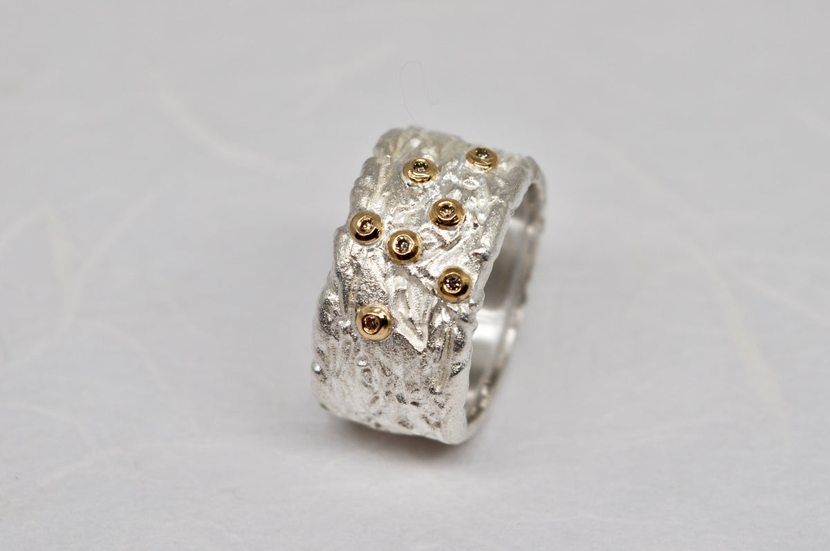 Textured Wide Band Ring, Sterling Silver & 18k Gold, Brown Diamonds