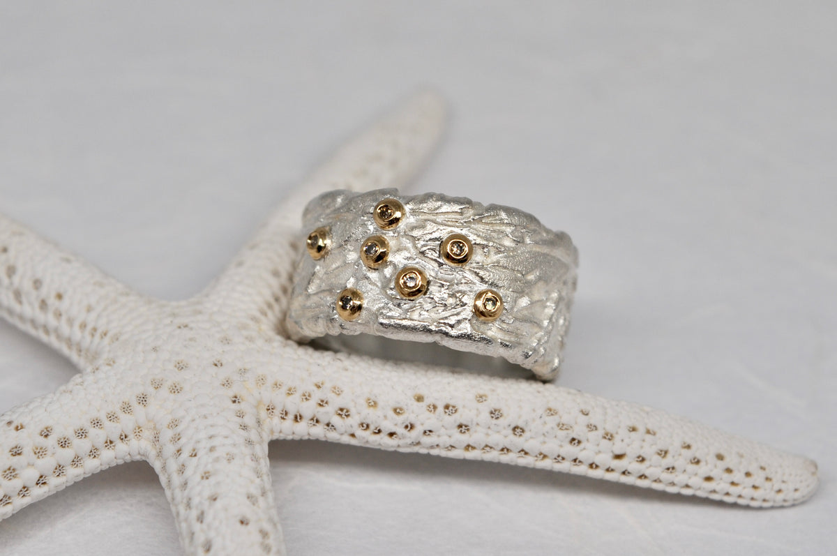 Textured Wide Band Ring, Sterling Silver & 18k Gold, Brown Diamonds