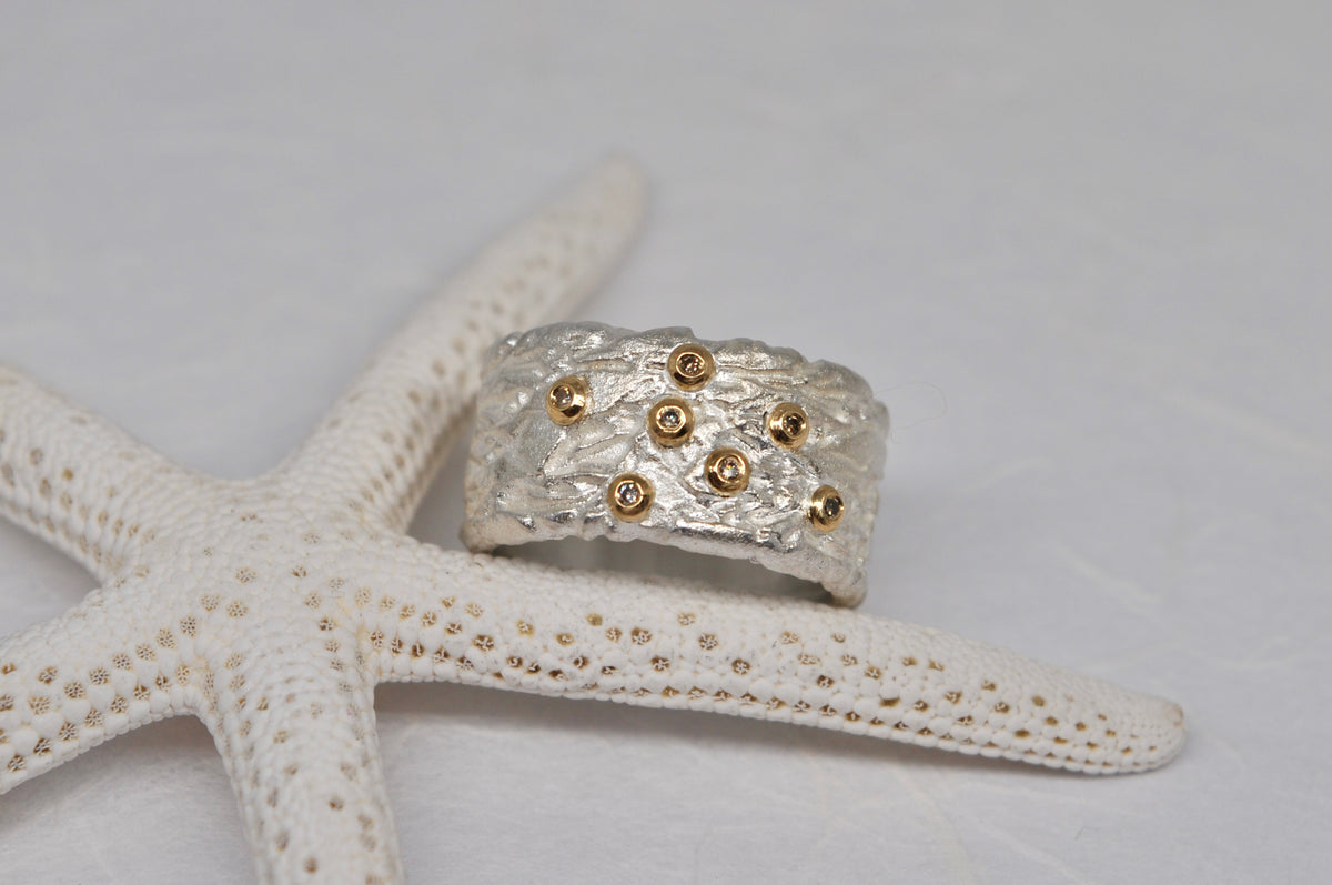 Textured Wide Band Ring, Sterling Silver & 18k Gold, Brown Diamonds