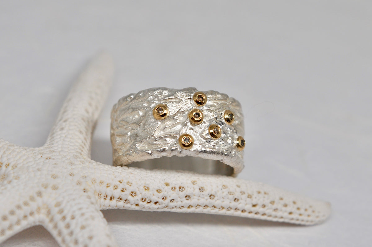 Textured Wide Band Ring, Sterling Silver & 18k Gold, Brown Diamonds