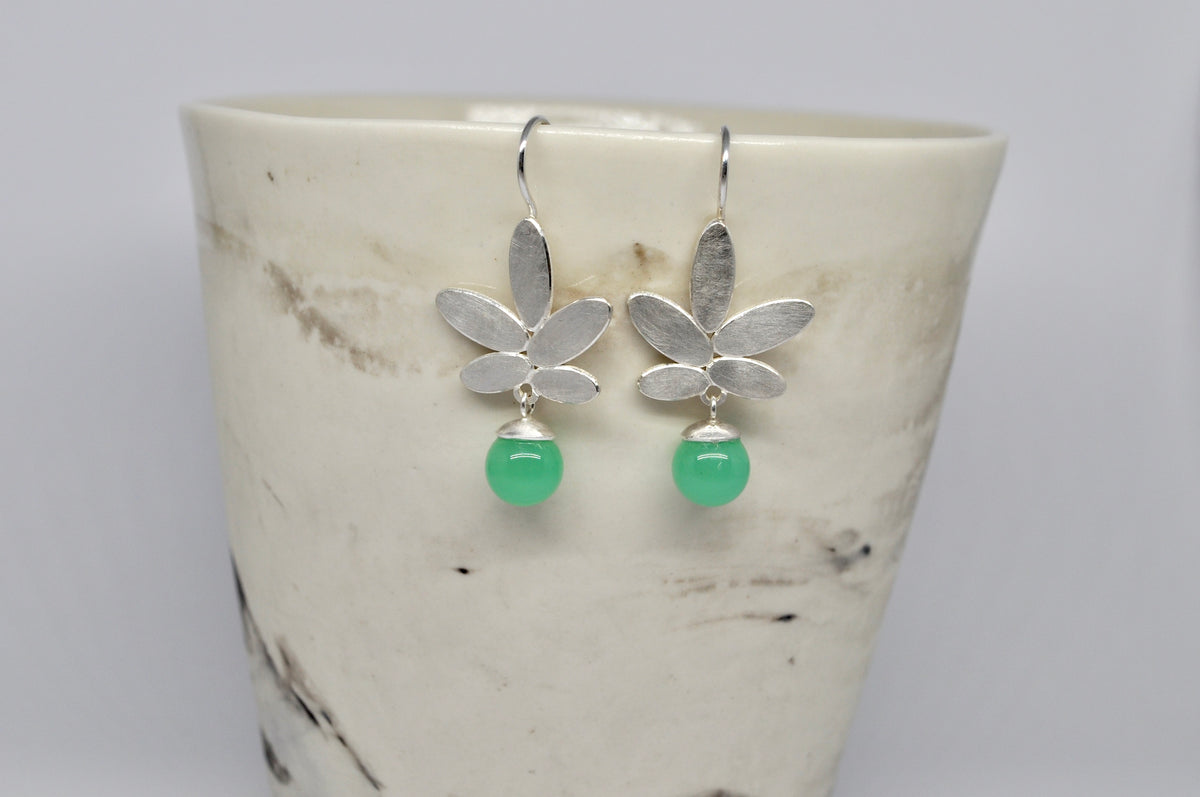 Chrysoprase Botanical Earrings - Sterling Silver Leaf Drop Earrings