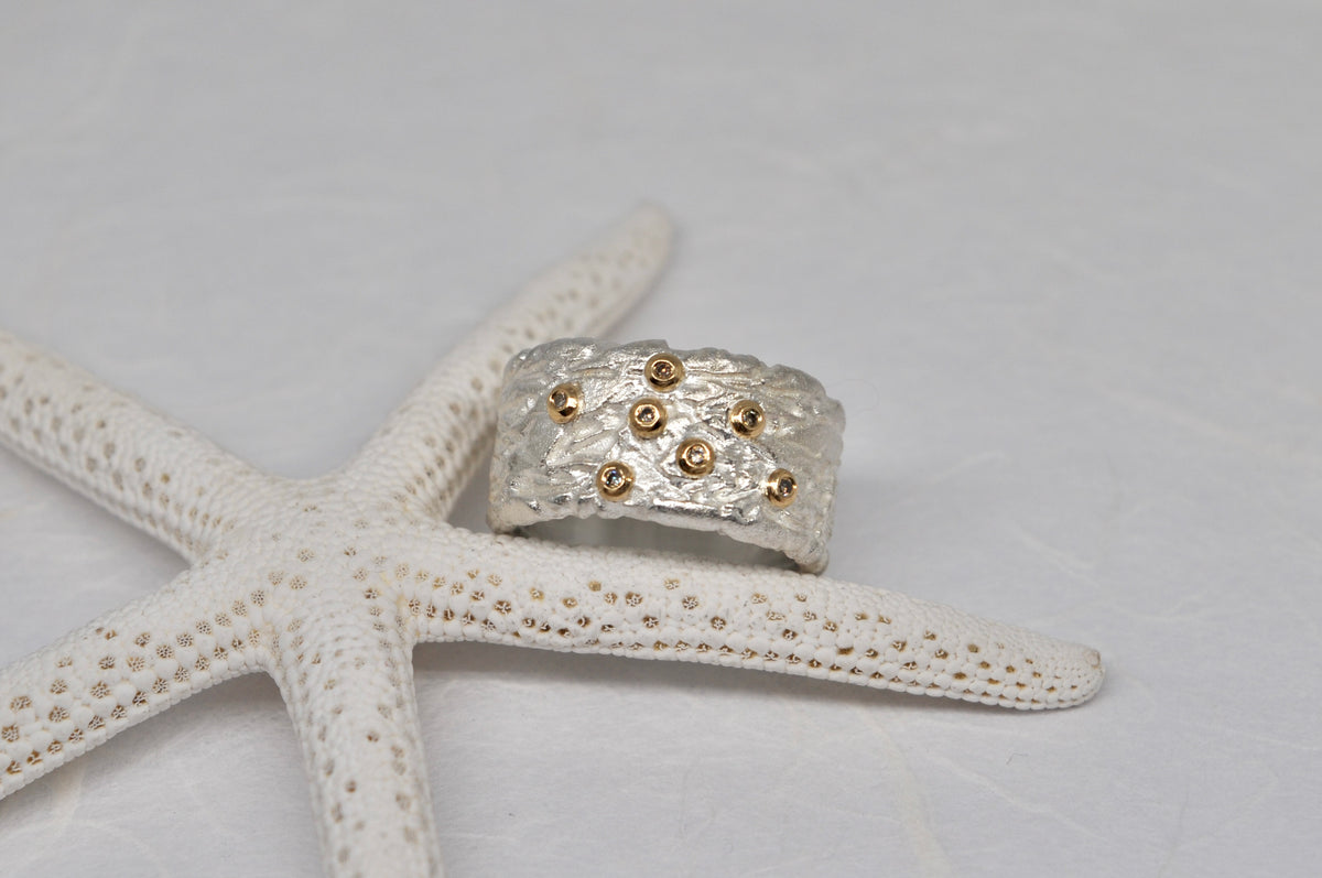 Textured Wide Band Ring, Sterling Silver & 18k Gold, Brown Diamonds