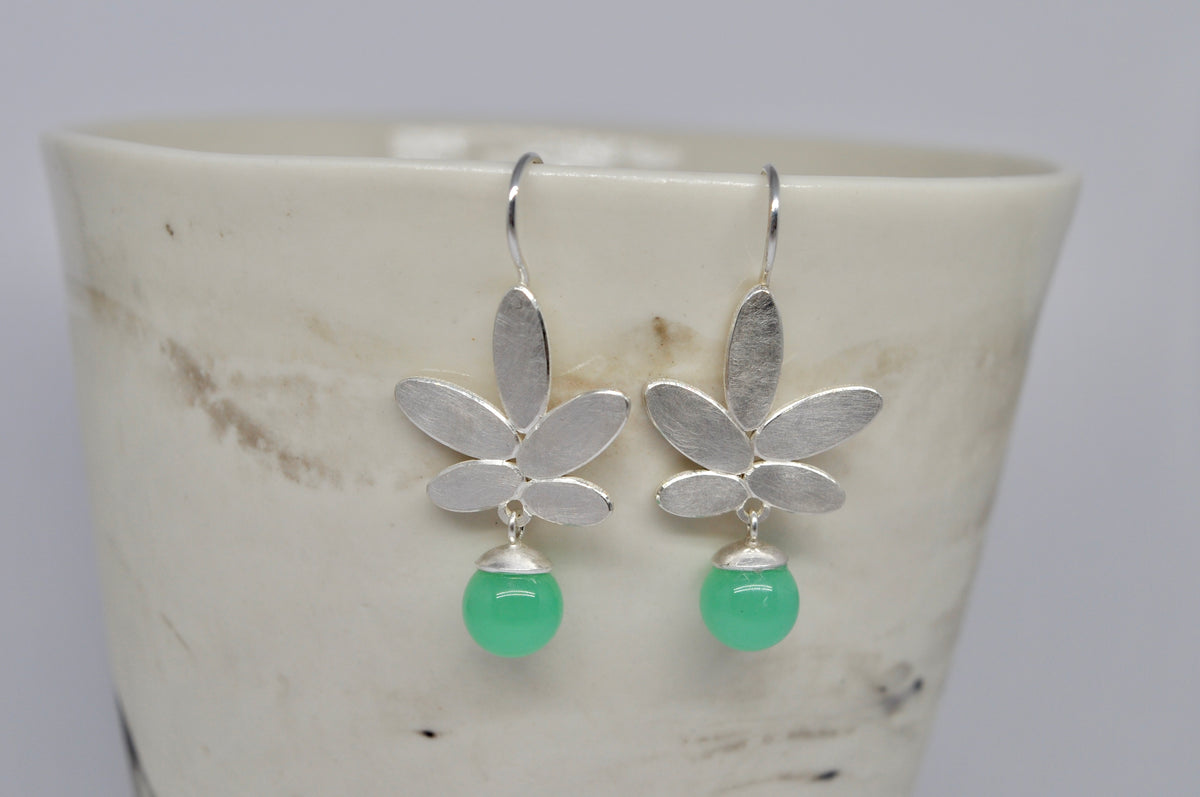Chrysoprase Botanical Earrings - Sterling Silver Leaf Drop Earrings
