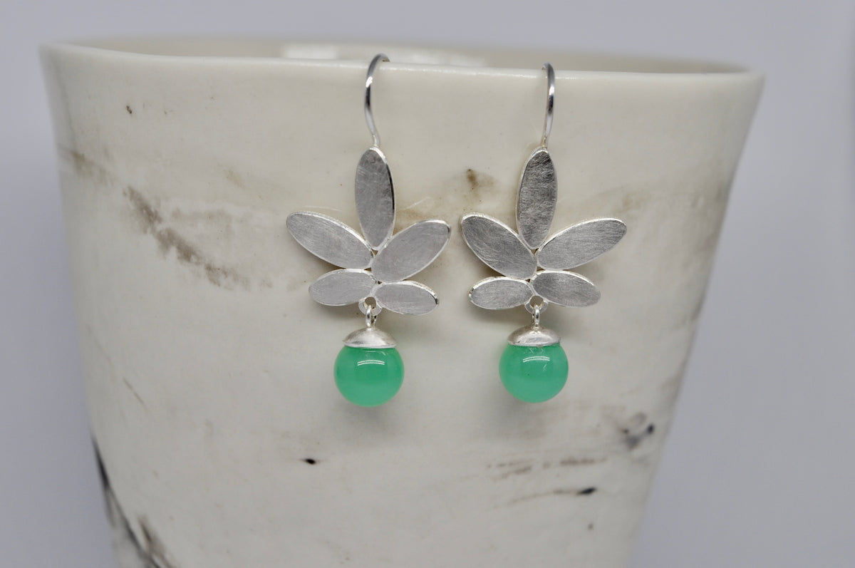 Chrysoprase Botanical Earrings - Sterling Silver Leaf Drop Earrings