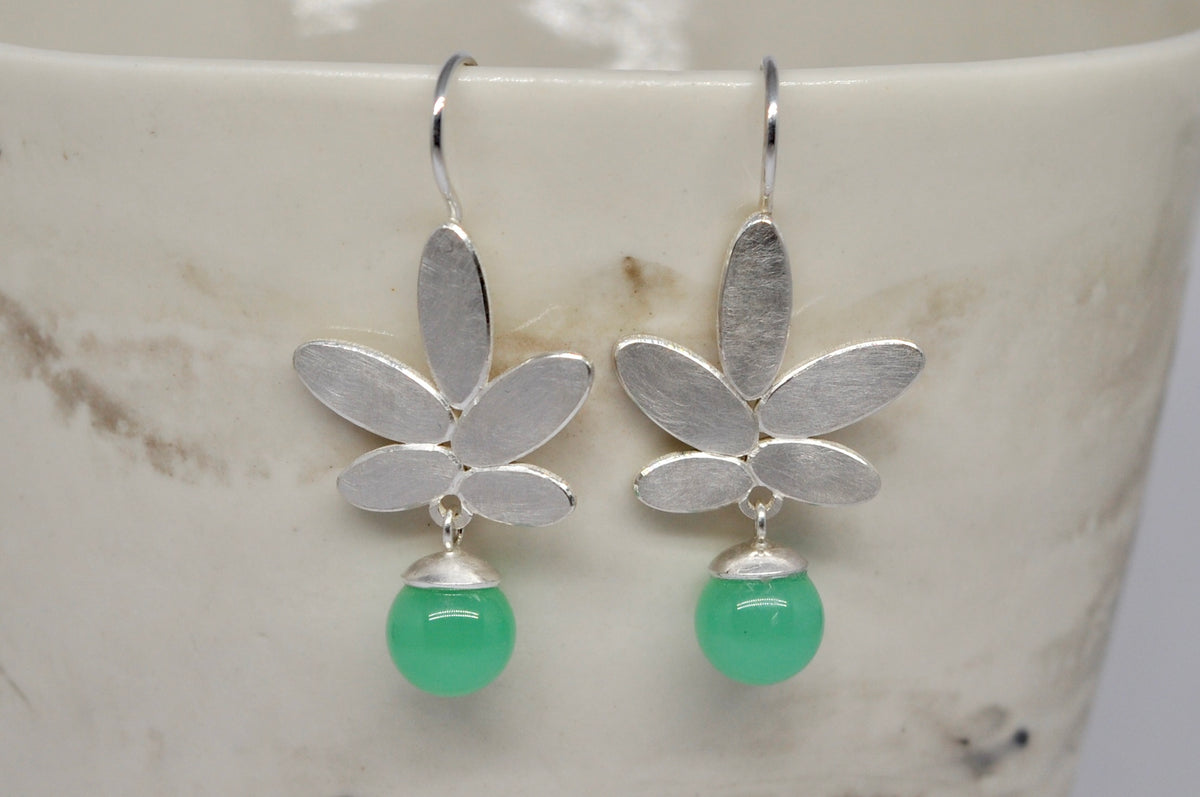 Chrysoprase Botanical Earrings - Sterling Silver Leaf Drop Earrings