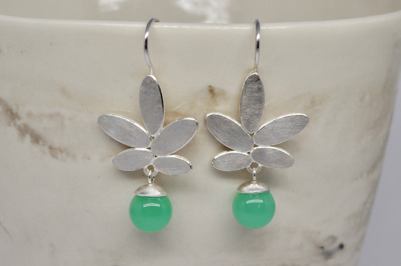 Chrysoprase Botanical Earrings - Sterling Silver Leaf Drop Earrings