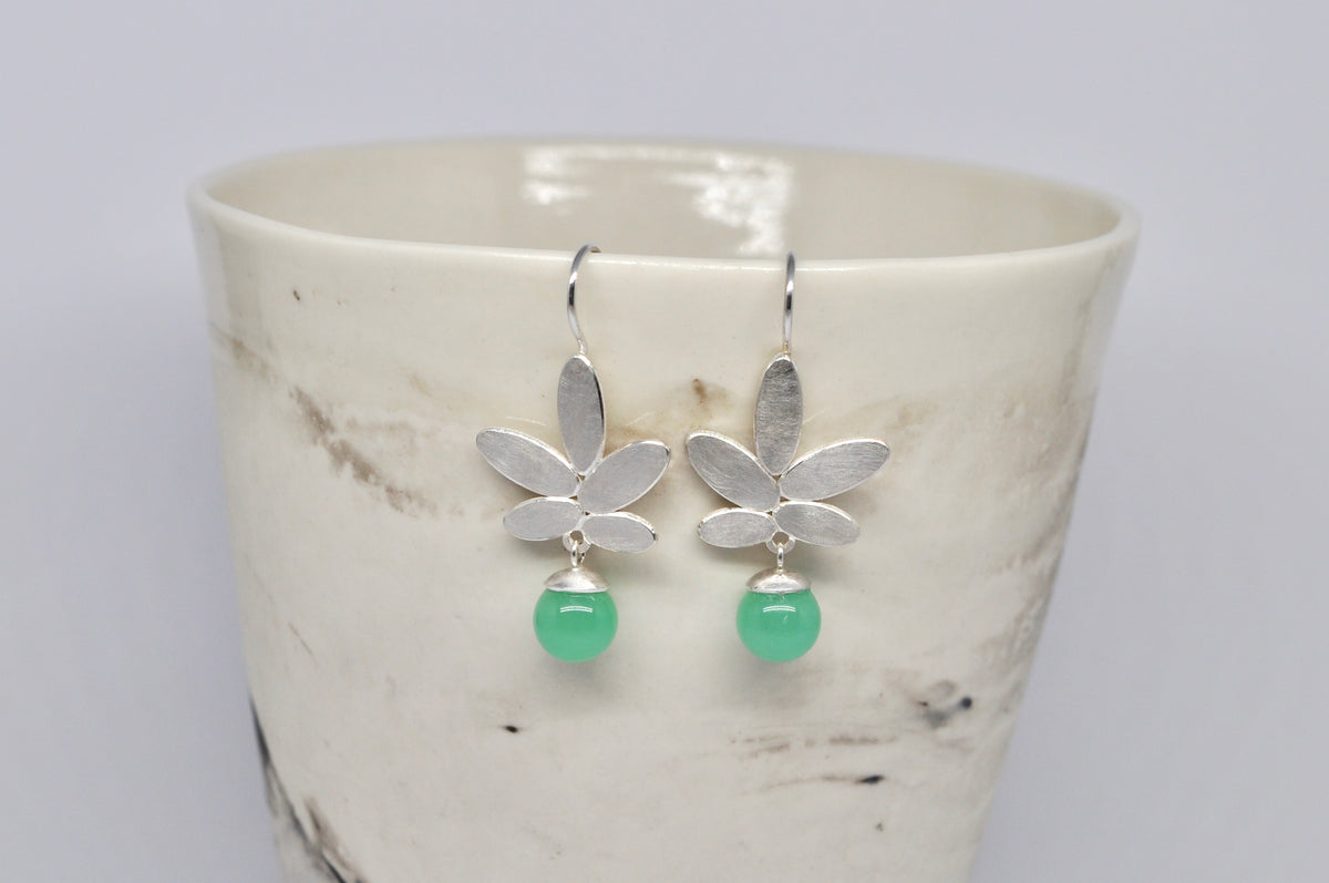 Chrysoprase Botanical Earrings - Sterling Silver Leaf Drop Earrings