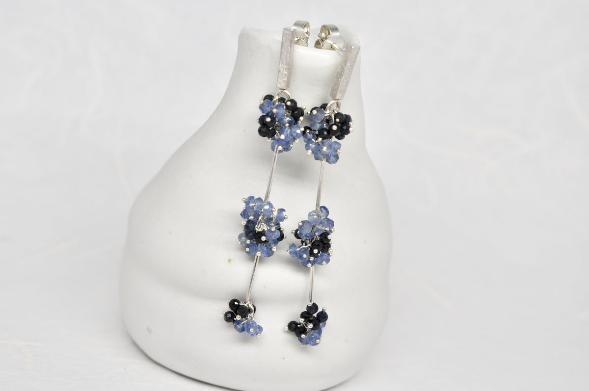 Blue Sapphire Beaded Floral Drop Stud Earrings