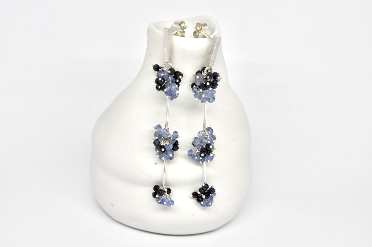 Blue Sapphire Beaded Floral Drop Stud Earrings