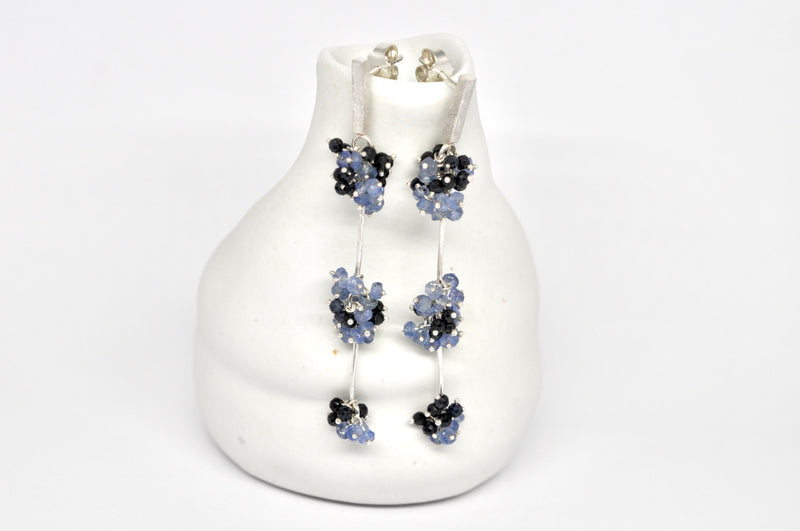 Blue Sapphire Beaded Floral Drop Stud Earrings