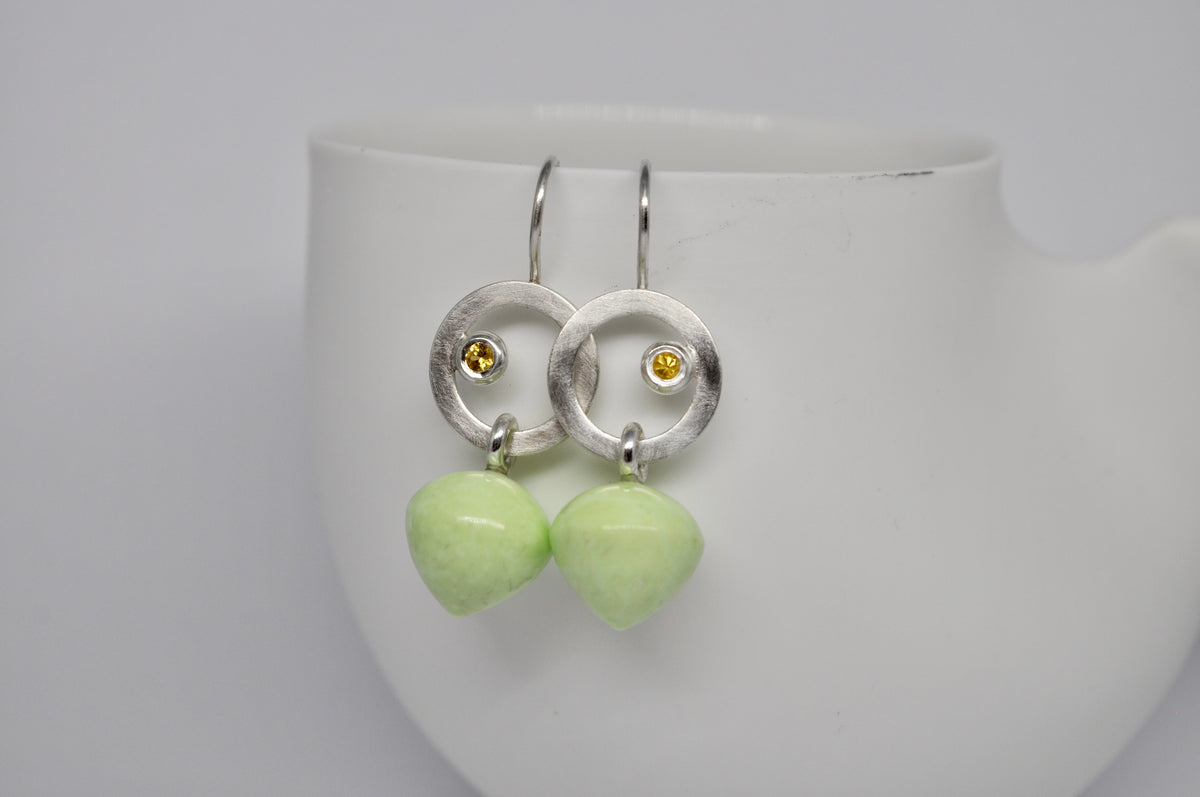Lemon Green Chrysoprase & Yellow Sapphire Silver Circle Earrings
