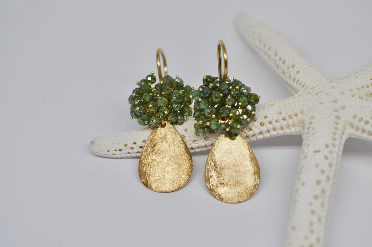 Green Diamond Cluster Earrings with 18K Yellow Gold Teardrops