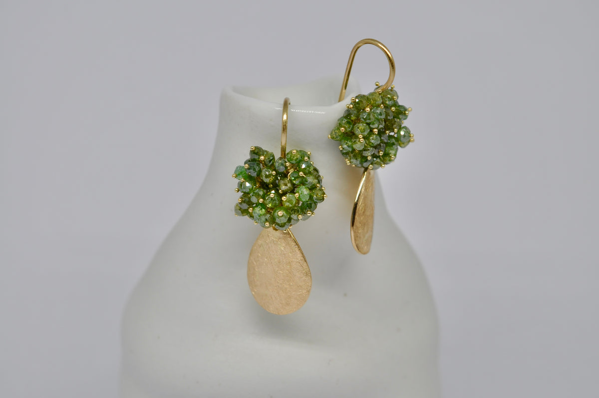 Green Diamond Cluster Earrings with 18K Yellow Gold Teardrops