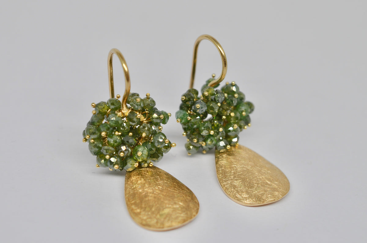 Green Diamond Cluster Earrings with 18K Yellow Gold Teardrops