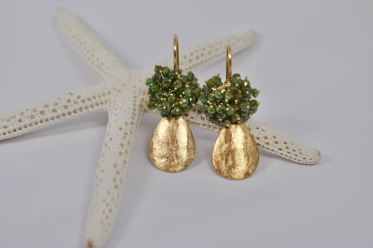 Green Diamond Cluster Earrings with 18K Yellow Gold Teardrops