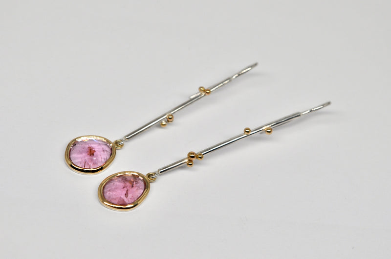 Pink Tourmaline Drop Earrings — Sterling Silver & 18k Gold