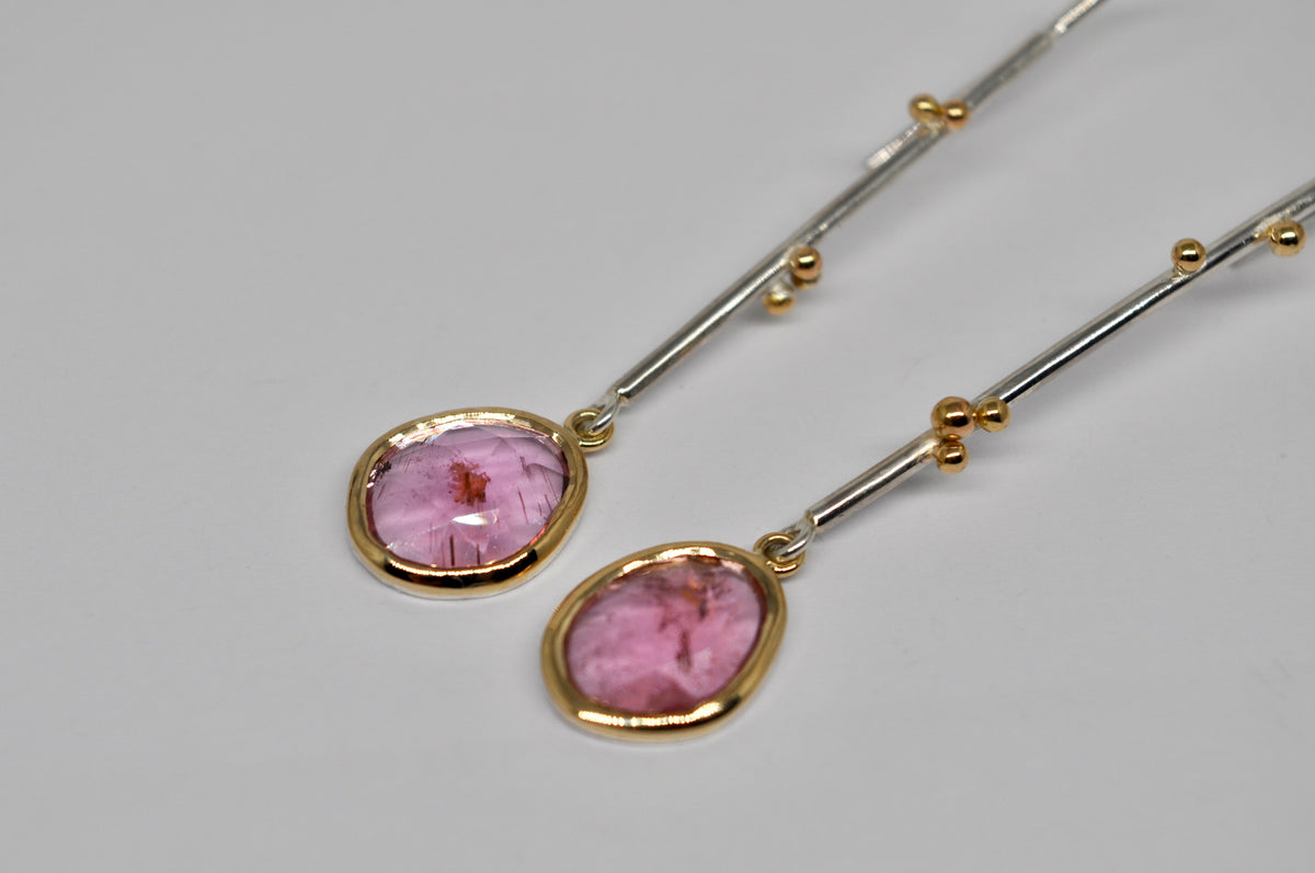 Pink Tourmaline Drop Earrings — Sterling Silver & 18k Gold