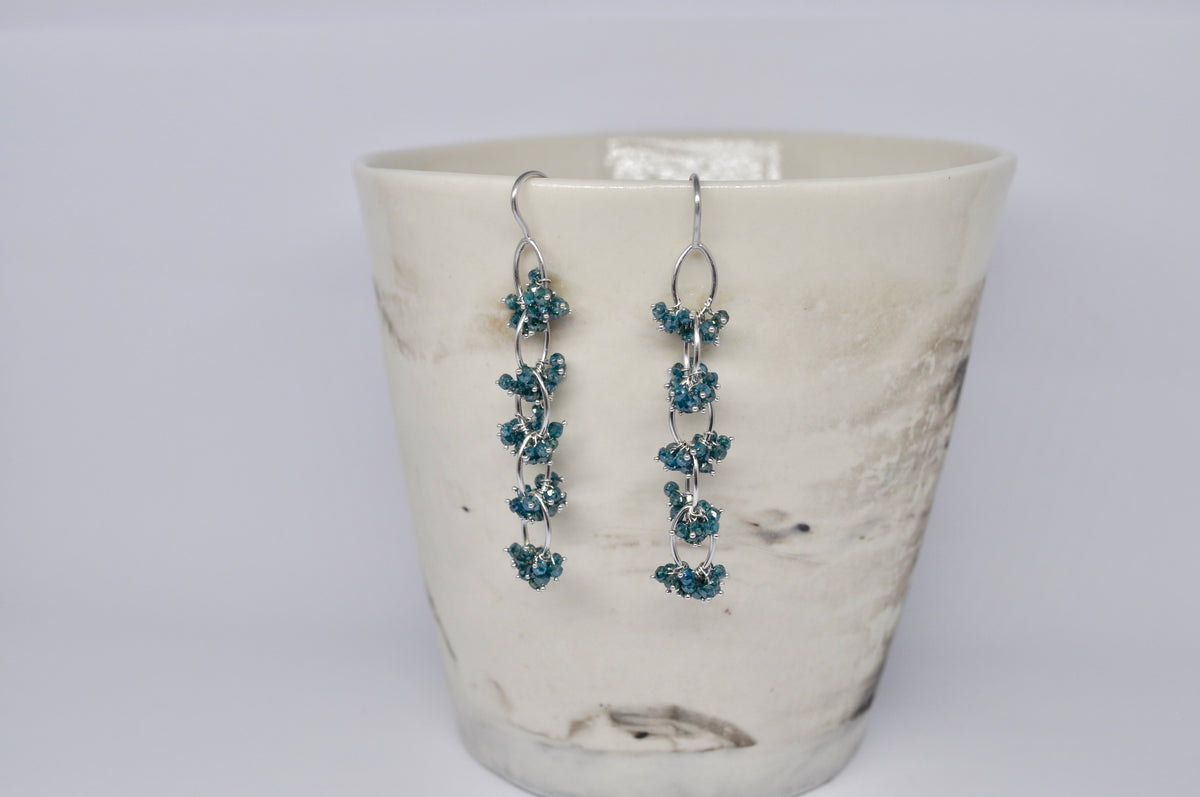 Cascading Blue Diamond Beads Vine Earrings, 18k white gold