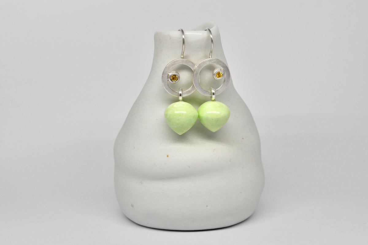 Lemon Green Chrysoprase & Yellow Sapphire Silver Circle Earrings