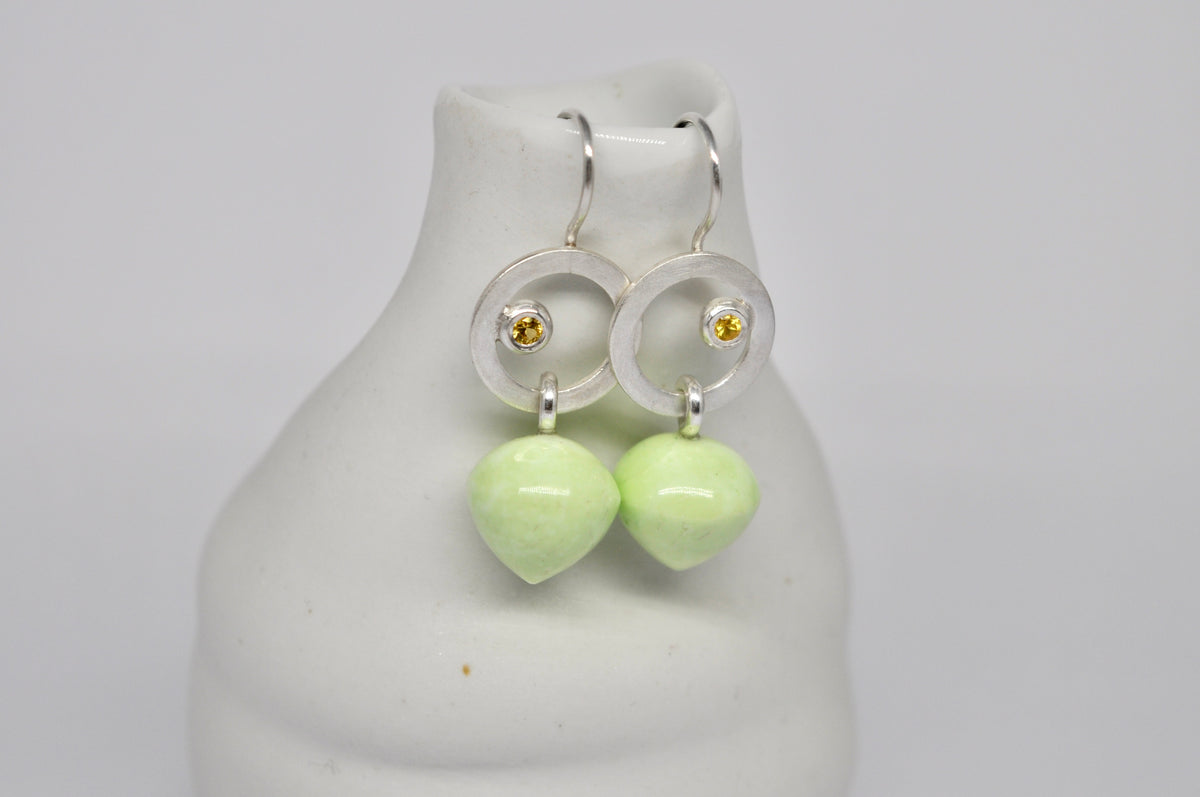 Lemon Green Chrysoprase & Yellow Sapphire Silver Circle Earrings
