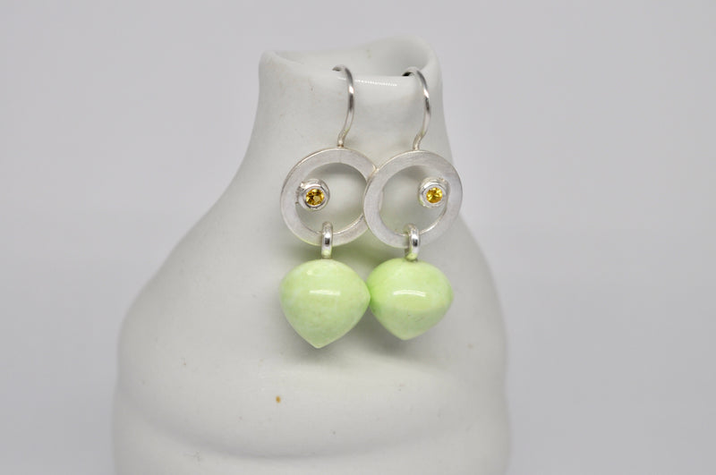 Lemon Green Chrysoprase & Yellow Sapphire Silver Circle Earrings