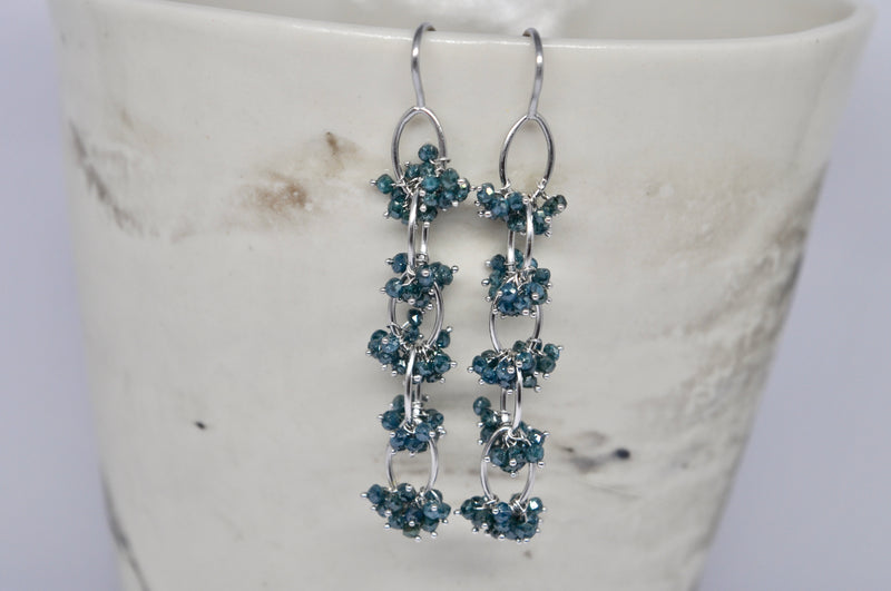 Cascading Blue Diamond Beads Vine Earrings, 18k white gold