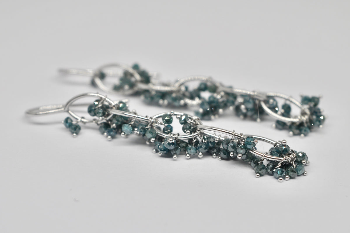 Cascading Blue Diamond Beads Vine Earrings, 18k white gold