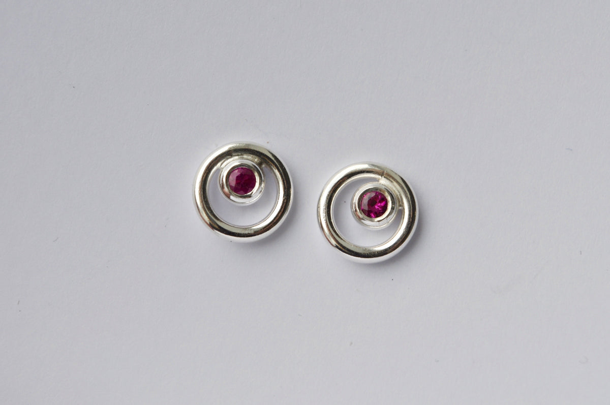Pink Sapphire Circle Stud Earrings - Sterling Silver