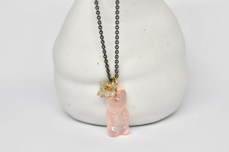 Rose Quartz Bear Necklace on Oxidized Silver Chain with Removable Diamond Beads Charm