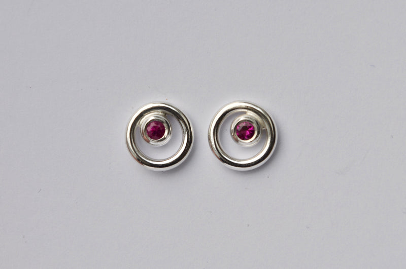 Pink Sapphire Circle Stud Earrings - Sterling Silver