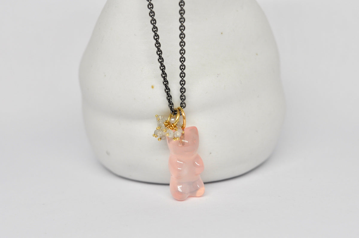 Rose Quartz Bear Necklace on Oxidized Silver Chain with Removable Diamond Beads Charm