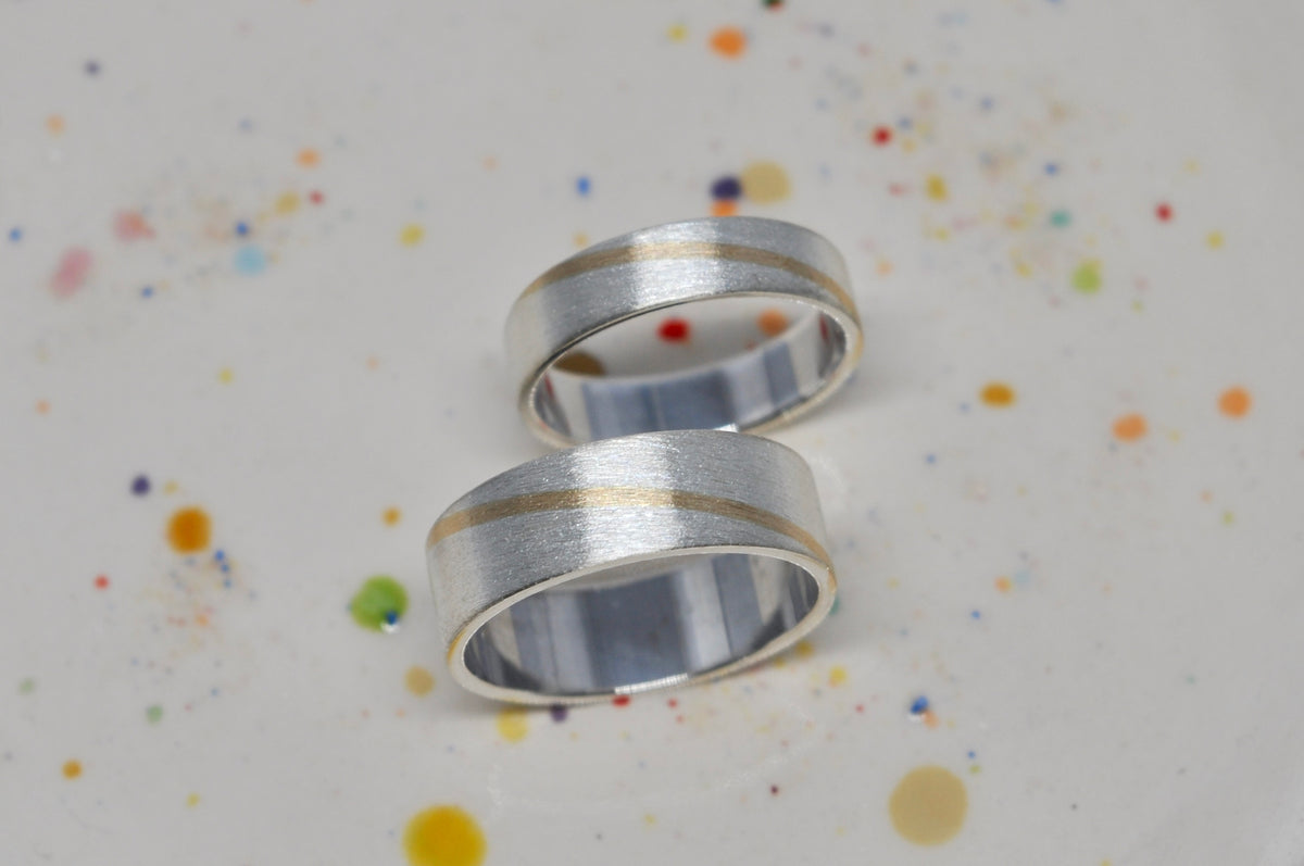 Two-Tone Wedding Band Set - Silver with Gold Inlay