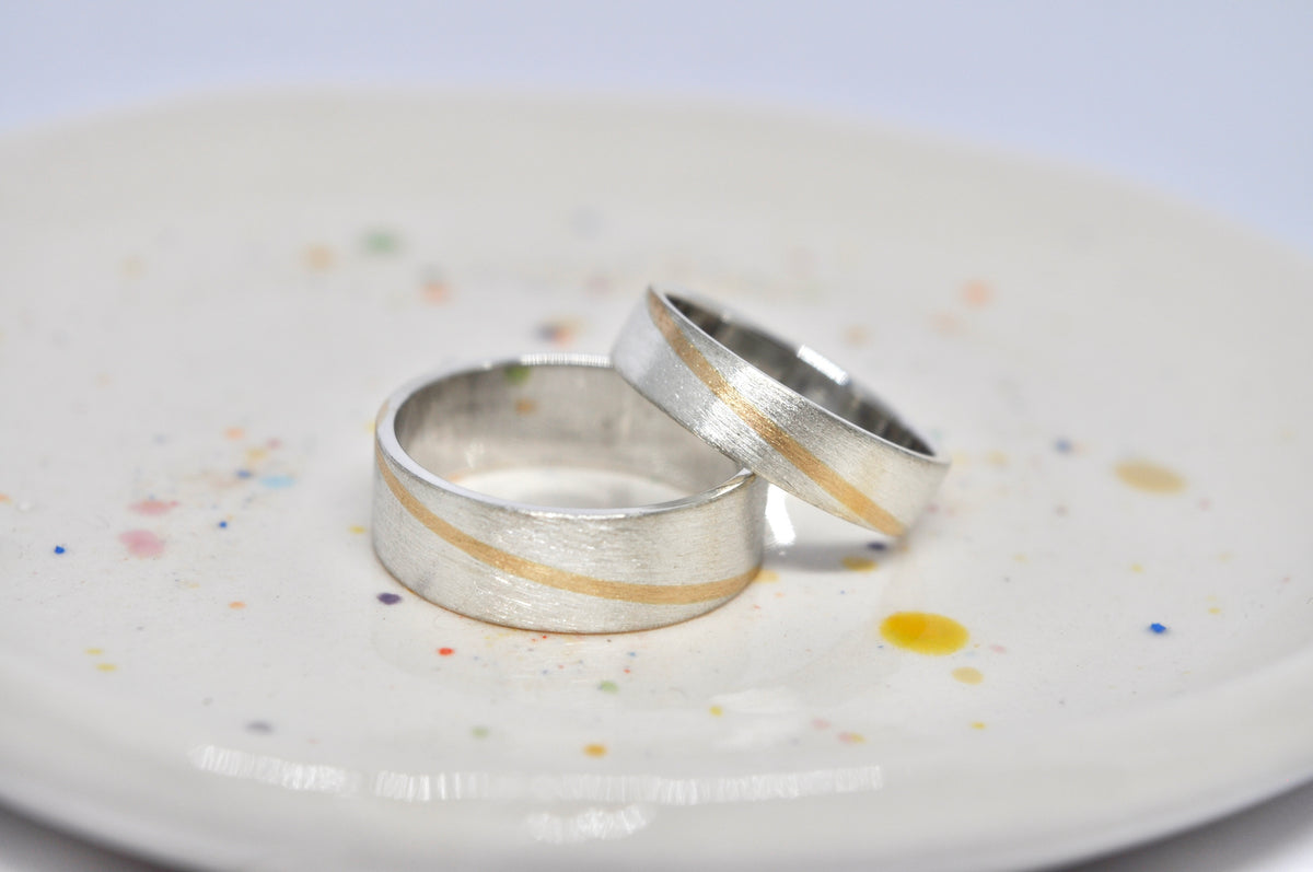 Two-Tone Wedding Band Set - Silver with Gold Inlay