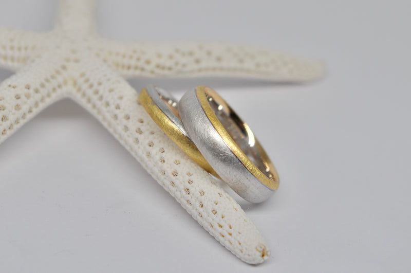 Two-Tone Wedding Band Set - Brushed White & Yellow Gold