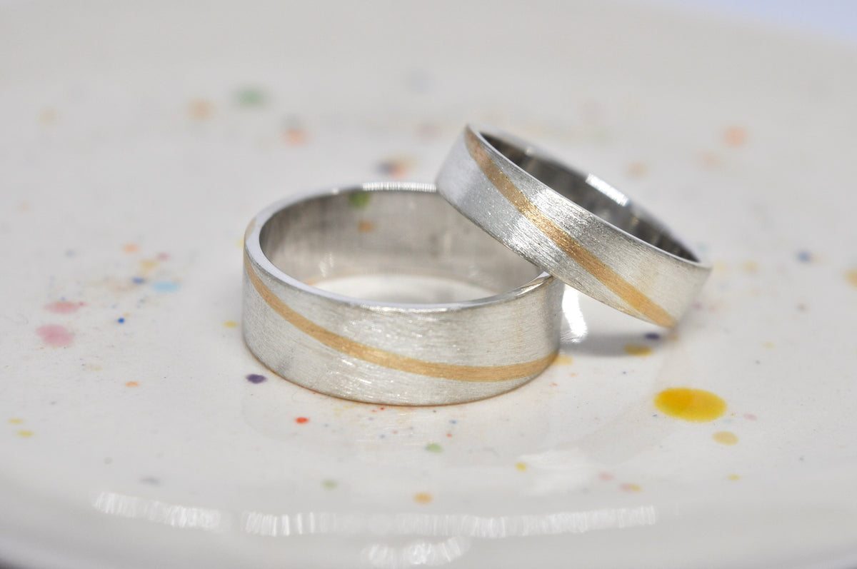 Two-Tone Wedding Band Set - Silver with Gold Inlay
