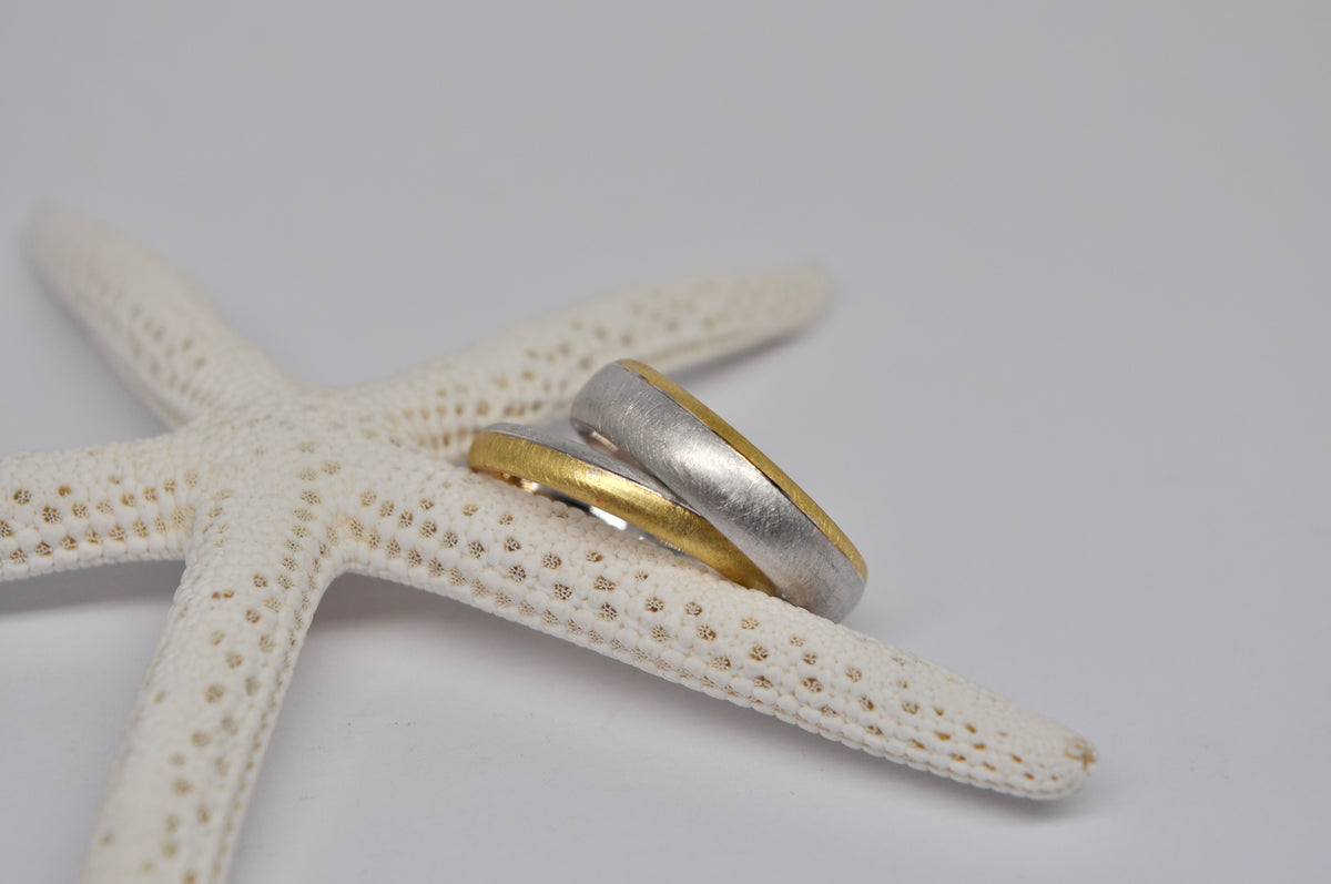 Two-Tone Wedding Band Set - Brushed White & Yellow Gold