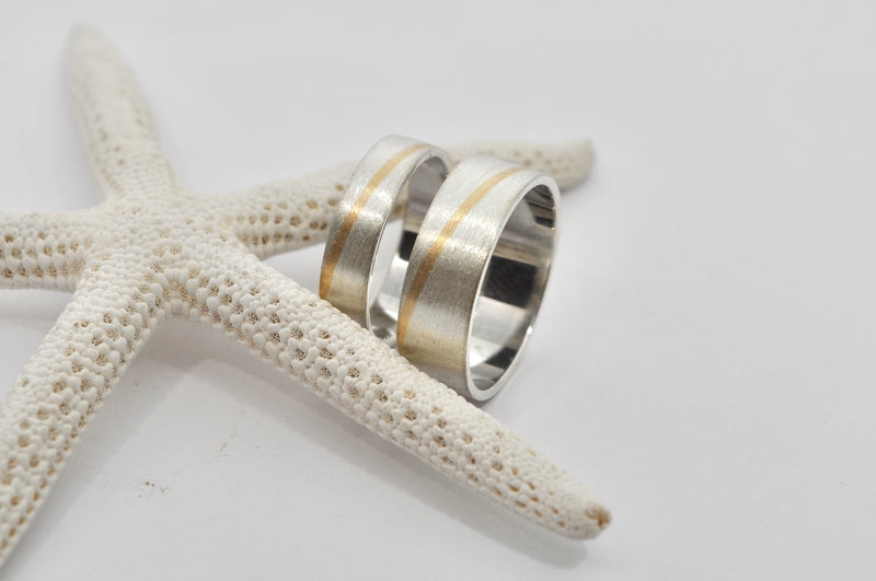 Two-Tone Wedding Band Set - Silver with Gold Inlay